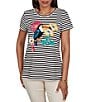 Ruby Rd. Stretch Knit Stripe Toucan Heat-Set Embroidered Scoop Neck Short Sleeve Tee - Image 1