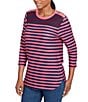 Ruby Rd. Striped Hatchi Knit Crew Neck 3/4 Sleeve Top, Color:Bright Pink Multi - Image 4