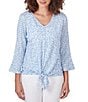 Color:Blue Moon Multi - Image 1 - Striped Pucker Knit V-Neck 3/4 Flounce Sleeve Tie-Front Top