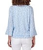 Color:Blue Moon Multi - Image 2 - Striped Pucker Knit V-Neck 3/4 Flounce Sleeve Tie-Front Top