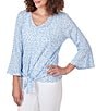 Color:Blue Moon Multi - Image 3 - Striped Pucker Knit V-Neck 3/4 Flounce Sleeve Tie-Front Top