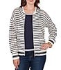 Ruby Rd. Striped Ribbed Long Sleeve Mesh Zip-Up Sweater, Color:Ivory - Image 1
