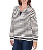 Ruby Rd. Striped Ribbed Long Sleeve Mesh Zip-Up Sweater, Color:Ivory - Image 4