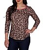 Ruby Rd. Sublimation Knit Cheetah Scoop Neck 3/4 Sleeve Solid Trim Pullover - Image 1