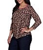 Ruby Rd. Sublimation Knit Cheetah Scoop Neck 3/4 Sleeve Solid Trim Pullover - Image 3