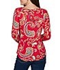 Ruby Rd. Sueded Stretch Knit Whimsical Paisley V-Neck Long Sleeve Side Ruched Top - Image 2