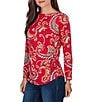 Ruby Rd. Sueded Stretch Knit Whimsical Paisley V-Neck Long Sleeve Side Ruched Top - Image 3