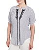 Ruby Rd. Super Soft Puckered Embroidered Stripe Short Roll-Tab Button Front Shirt, Color:Black/White - Image 4