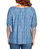 Ruby Rd. Tencel™ Embroidered Allover Printed Keyhole Neck Elbow Tie Sleeve Top, Color:Medium Blue - Image 2