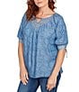 Ruby Rd. Tencel™ Embroidered Allover Printed Keyhole Neck Elbow Tie Sleeve Top, Color:Medium Blue - Image 4