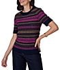 Ruby Rd. Textured Knit Fair Isle Boat Neck Short Sleeve Ribbed Sweater - Image 3