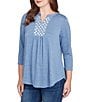 Ruby Rd. Textured Knit Split V-Neck 3/4 Sleeve Top, Color:Indigo - Image 4