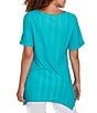 Ruby Rd. Textured Solid Knit Crinkle Stripe Round Neck Short Sleeve Sharkbite Hem Top, Color:Turquoise - Image 2