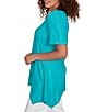 Ruby Rd. Textured Solid Knit Crinkle Stripe Round Neck Short Sleeve Sharkbite Hem Top, Color:Turquoise - Image 3