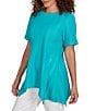 Ruby Rd. Textured Solid Knit Crinkle Stripe Round Neck Short Sleeve Sharkbite Hem Top, Color:Turquoise - Image 4