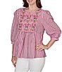 Ruby Rd. Textured Yarn-Dyed Stripe Embroidered Split V-Neck 3/4 Sleeve Blouse - Image 3