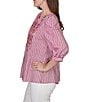 Ruby Rd. Textured Yarn-Dyed Stripe Embroidered Split V-Neck 3/4 Sleeve Blouse - Image 4