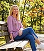 Ruby Rd. Textured Yarn-Dyed Stripe Embroidered Split V-Neck 3/4 Sleeve Blouse - Image 5