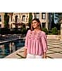 Ruby Rd. Textured Yarn-Dyed Stripe Embroidered Split V-Neck 3/4 Sleeve Blouse - Image 5
