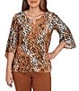 Ruby Rd. Tie-Dye Zebra Keyhole Neck 3/4 Bell Sleeve Crossover Hem Jacquard Knit Top, Color:Tan Multi - Image 1