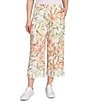 Ruby Rd. Coordinating Tropical Fern Pattern Embroidered Lace Scallop Edge Wide-Leg Pull-On Crop Pants, Color:Peach Multi - Image 1