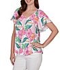 Ruby Rd. Tropical Floral V-Neck Short Flutter Sleeve Top - Image 3