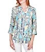 Color:Aruba Blue Multi - Image 1 - Tropical Mixed Print V-Neck Roll-Tab Sleeve Pleated Front Blouse