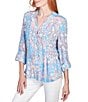 Color:Capri Multi - Image 1 - Tropical Mixed Print V-Neck Roll-Tab Sleeve Pleated Front Blouse