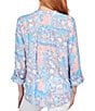 Color:Capri Multi - Image 2 - Tropical Mixed Print V-Neck Roll-Tab Sleeve Pleated Front Blouse