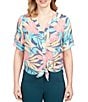 Color:Midnight Multi - Image 1 - Tropical Print Notch Neck Roll-Tab Sleeve Button Tie-Front Shirt