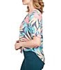 Color:Midnight Multi - Image 3 - Tropical Print Notch Neck Roll-Tab Sleeve Button Tie-Front Shirt
