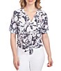 Color:Black/White - Image 1 - Two Tone Leaf Print Band Notch Neck Roll-Tab Sleeve Button Front Top