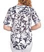 Color:Black/White - Image 2 - Two Tone Leaf Print Band Notch Neck Roll-Tab Sleeve Button Front Top