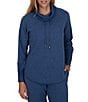 Ruby Rd. Waffle Knit Drawstring Draped Cowl Neck Long Sleeve Top - Image 1