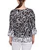 Ruby Rd. Whirlwind Heart Border Print Knit Sweetheart Neck 3/4 Sleeve Top, Color:Black/White - Image 2