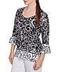 Ruby Rd. Whirlwind Heart Border Print Knit Sweetheart Neck 3/4 Sleeve Top, Color:Black/White - Image 4
