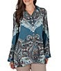 Ruby Rd. Woven Painted Scarf Paisley Bloom Collared V-Neck Long Sleeve Top - Image 1