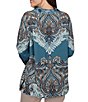 Ruby Rd. Woven Painted Scarf Paisley Bloom Collared V-Neck Long Sleeve Top - Image 2