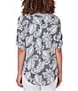 Color:Black Multi - Image 2 - Woven Paisley Print Banded Collar Split V-Neck Short Roll-Tab Sleeve Tie Button-Front Shirt