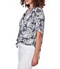 Color:Black Multi - Image 3 - Woven Paisley Print Banded Collar Split V-Neck Short Roll-Tab Sleeve Tie Button-Front Shirt