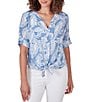Color:Blue Moon Multi - Image 1 - Woven Paisley Print Banded Collar Split V-Neck Short Roll-Tab Sleeve Tie Button-Front Shirt