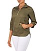 Color:Olive - Image 3 - Woven Quarter Zip Mock Neck 3/4 Roll-Tab Sleeve Pocketed Top