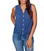 Ruby Rd. Woven Split V-Neck Sleeveless Button Tie-Front Eyelet Top - Image 1
