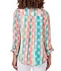 Color:Parrot Multi - Image 2 - Woven Stripe Banded Collar 3/4 Roll-tab Sleeve Pintuck Button-Front Shirt