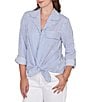 Ruby Rd. Woven Stripe Notch Lapel Collar Long Roll-Tab Sleeve Tie-Front Shirt - Image 4