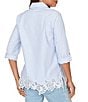 Ruby Rd. Woven Yarn-Dyed Stripe Johnny Collar 3/4 Roll-Tab Sleeve Embroidered Hem Blouse - Image 2