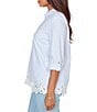 Ruby Rd. Woven Yarn-Dyed Stripe Johnny Collar 3/4 Roll-Tab Sleeve Embroidered Hem Blouse - Image 3