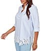 Ruby Rd. Woven Yarn-Dyed Stripe Johnny Collar 3/4 Roll-Tab Sleeve Embroidered Hem Blouse - Image 4
