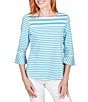 Color:Capri Multi - Image 1 - Yarn Dye Stripe Knit Round Neck 3/4 Flounce Sleeve Top
