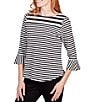Color:Black/White - Image 4 - Yarn Dye Stripe Knit Round Neck 3/4 Flounce Sleeve Top